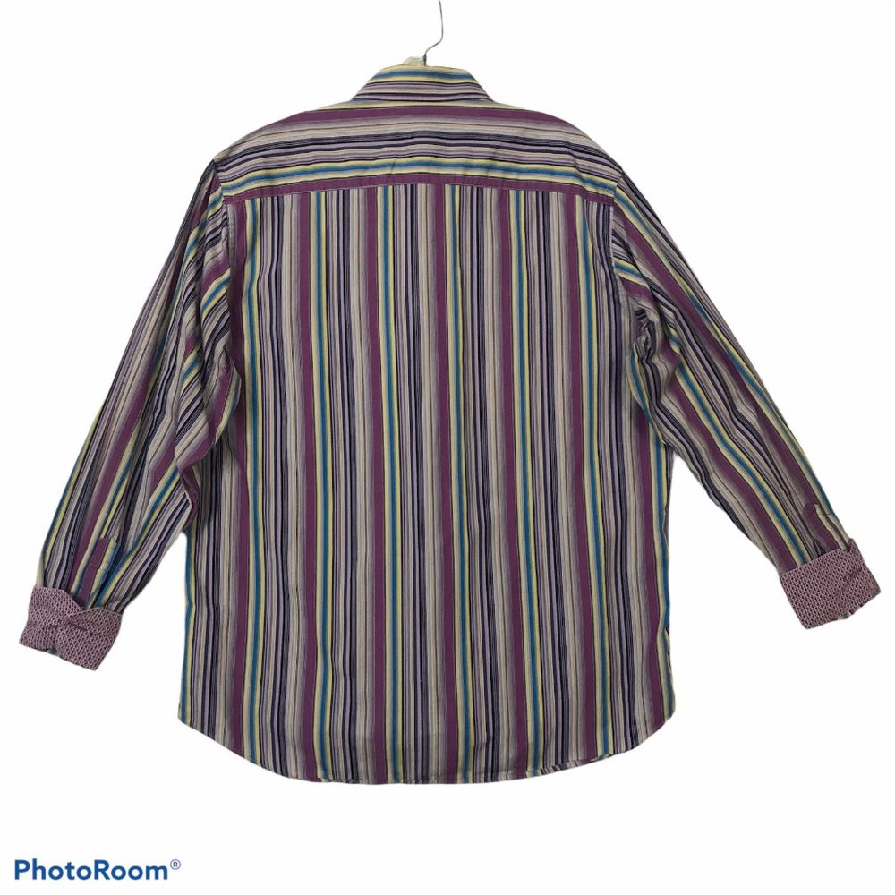BUGATCHI Mens L Cotton Button Down Fitted Dress Shirt Flip Cuffs Purple Stripes - Picture 2 of 12